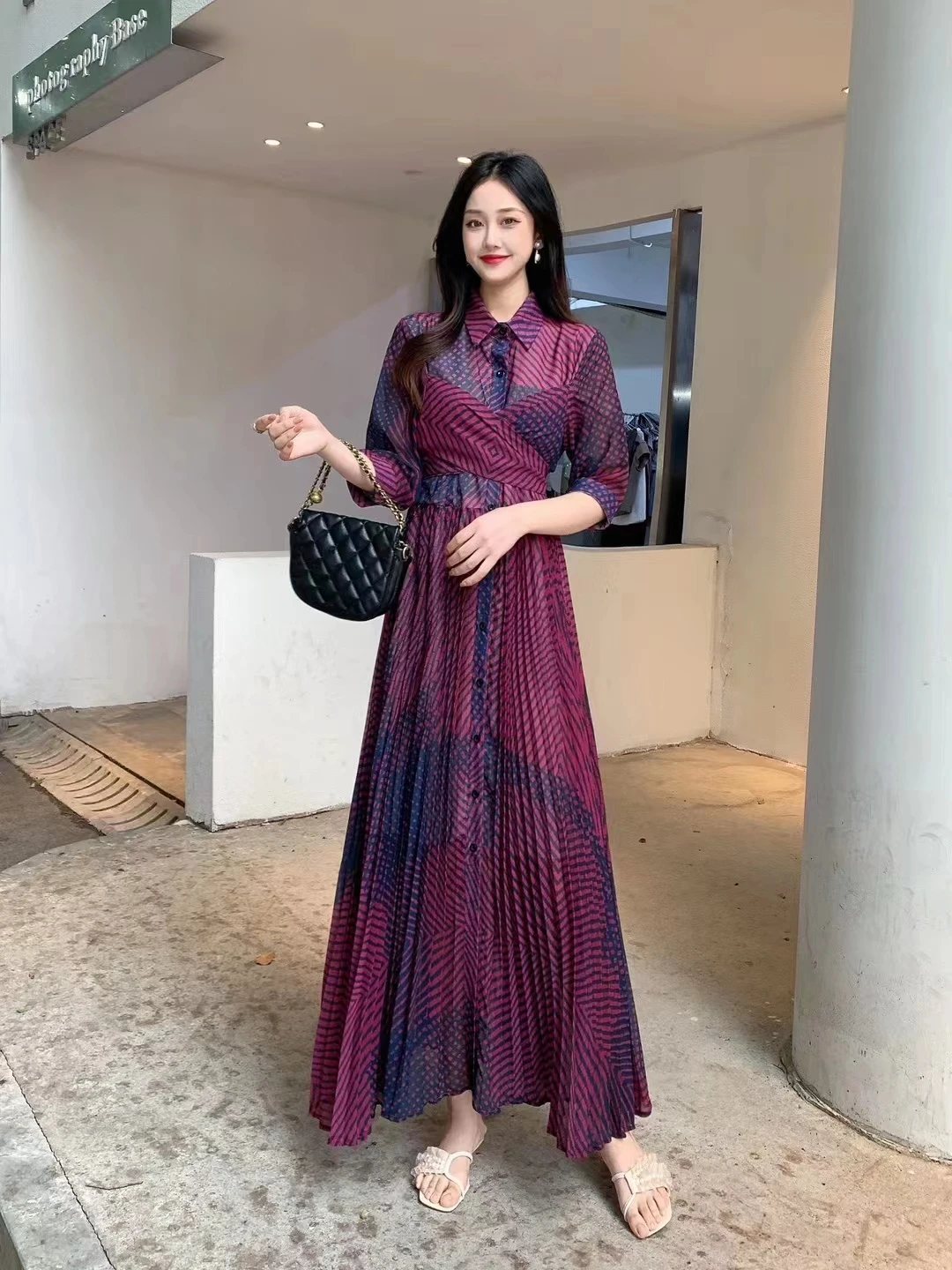 New Spring Summer Women Turn-down Collar Three Quarter Sleeve Slim Long Dress High Quality Contrast Color Striped Shirt Dress