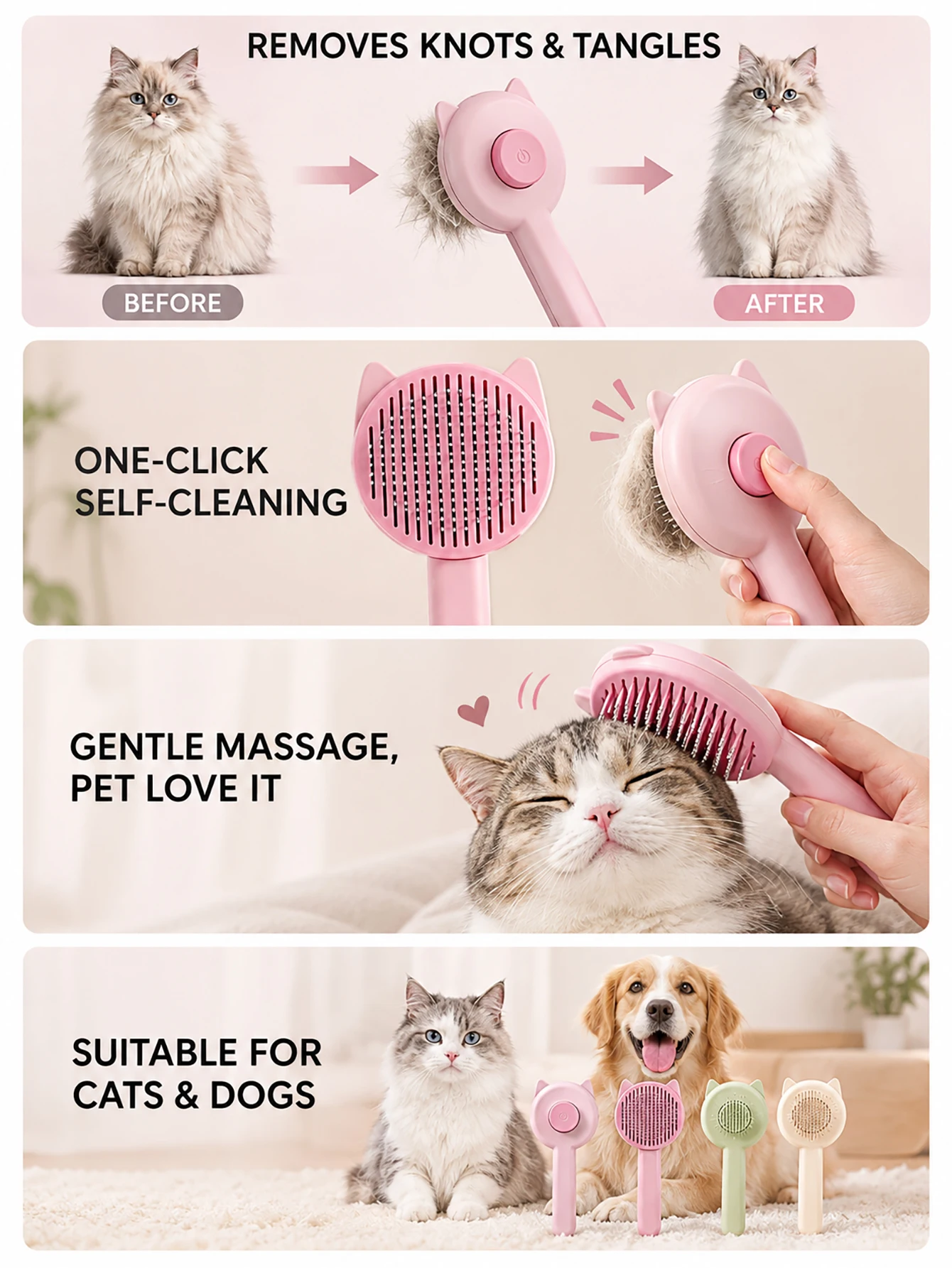 Self-Cleaning Slicker Brush, Cute Cat Ear Pet Grooming Brush, One-Touch Hair Removal Comb for Cats and Dogs, Pet Hair Removal Tool with Massage Function