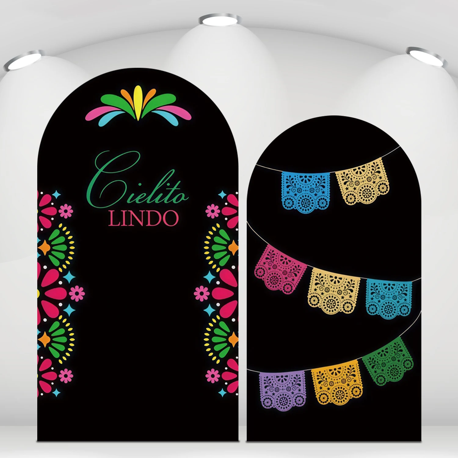 Mexican Fiesta Arch Cover Background for Birthday Wedding Party Cielito Lindo Colorful Papel Picado Floral Black Arched Backdrop