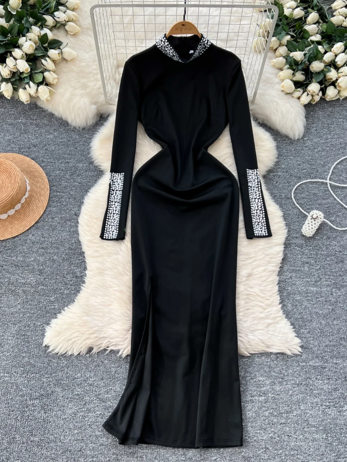 Ofallsis High Cold Imperial Sister Style Temperament Heavy Industry Dress 2024 New Diamond High Neck Slim Fit Slit Long Dresses