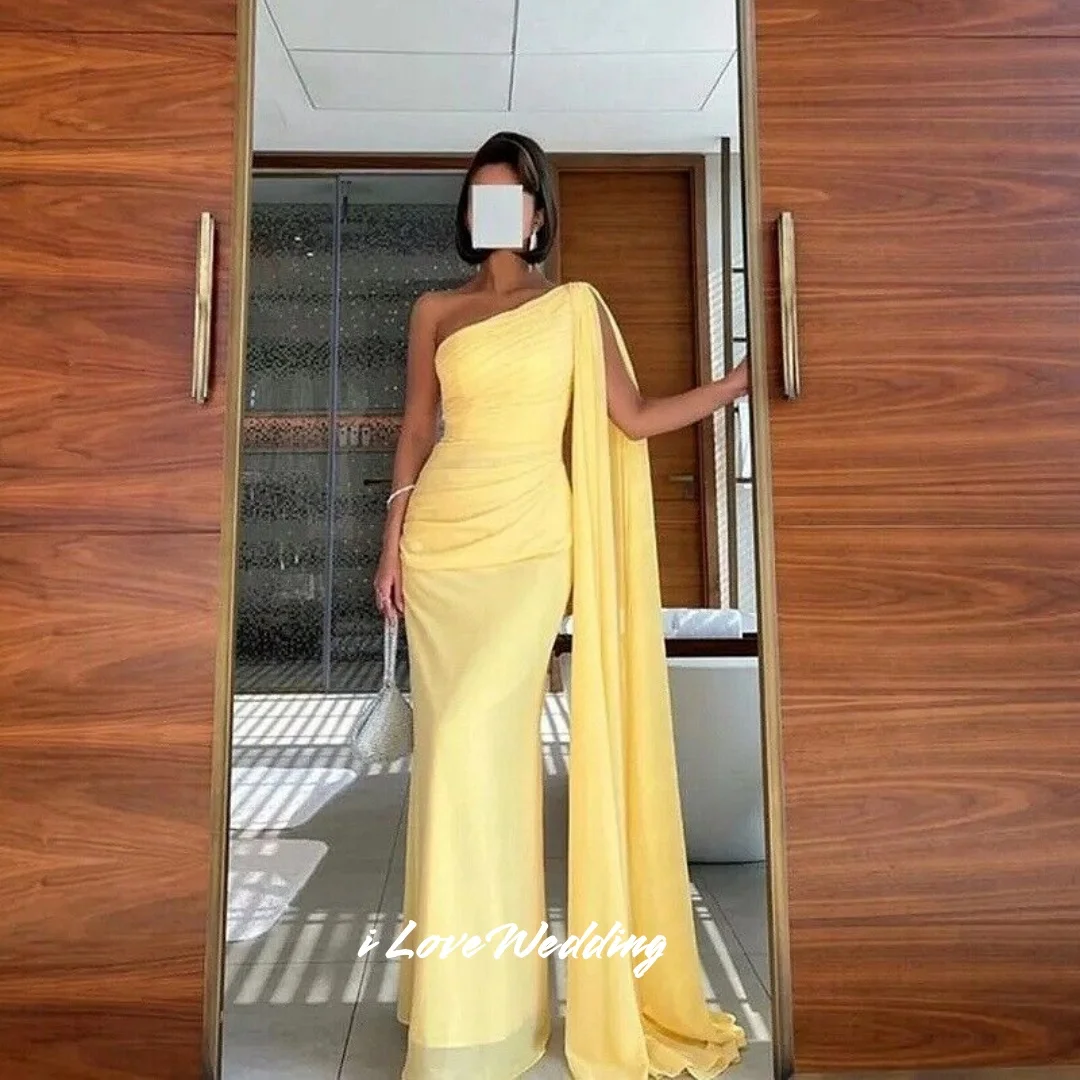 

Yellow One Shoulder Prom Dresses 2025 Chiffon Sleeveless Pleated Mermaid Floor-Length Sweep Train Wedding Party Dress Customized