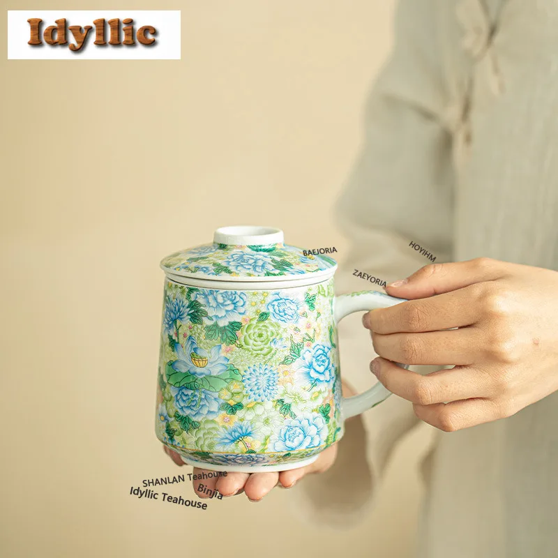 400ml Ten Thousand Flowers Peony Filter Tea Separator Cup Creative Tea Mug With Infuser Household Tea Maker Office Water Cup
