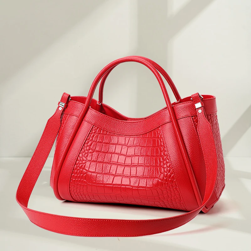 Aidrani Red Crocodile Embossed Cowhide Handbag, Fashion Large Capacity Multi-Functional Women Genuine Leather Commute Tote
