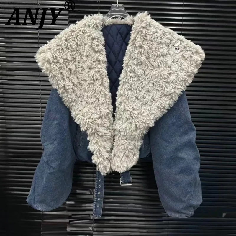 

ANJY 2025 Autumn Winter New Women Niche Design Fleece Lined Thickened Warm Denim Padded Coat Chic Turn-down Collar Jacket A15502