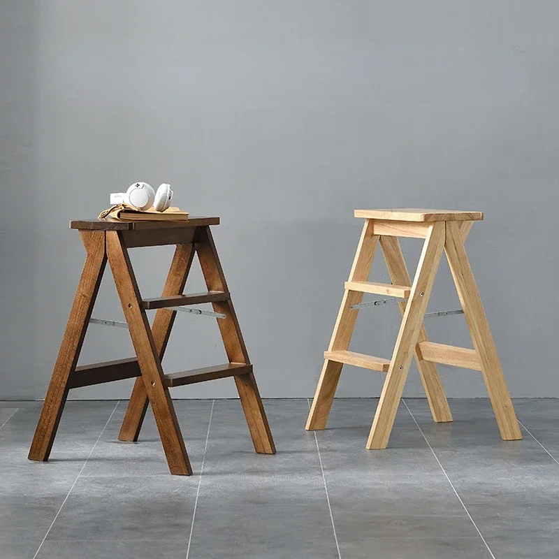 Solid Wood Foldable Ladder Household Multi-function Step Stools Kitchen High Stools Space Saving Wooden Folding Stool