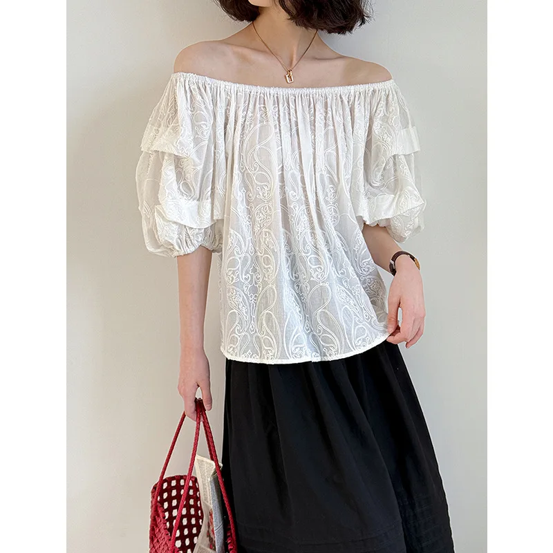 

Summer New Casual Women's Shirt, Versatile Belly Covering Mid Sleeve One Shoulder Bubble Sleeve Top, Loose Shirt for Women