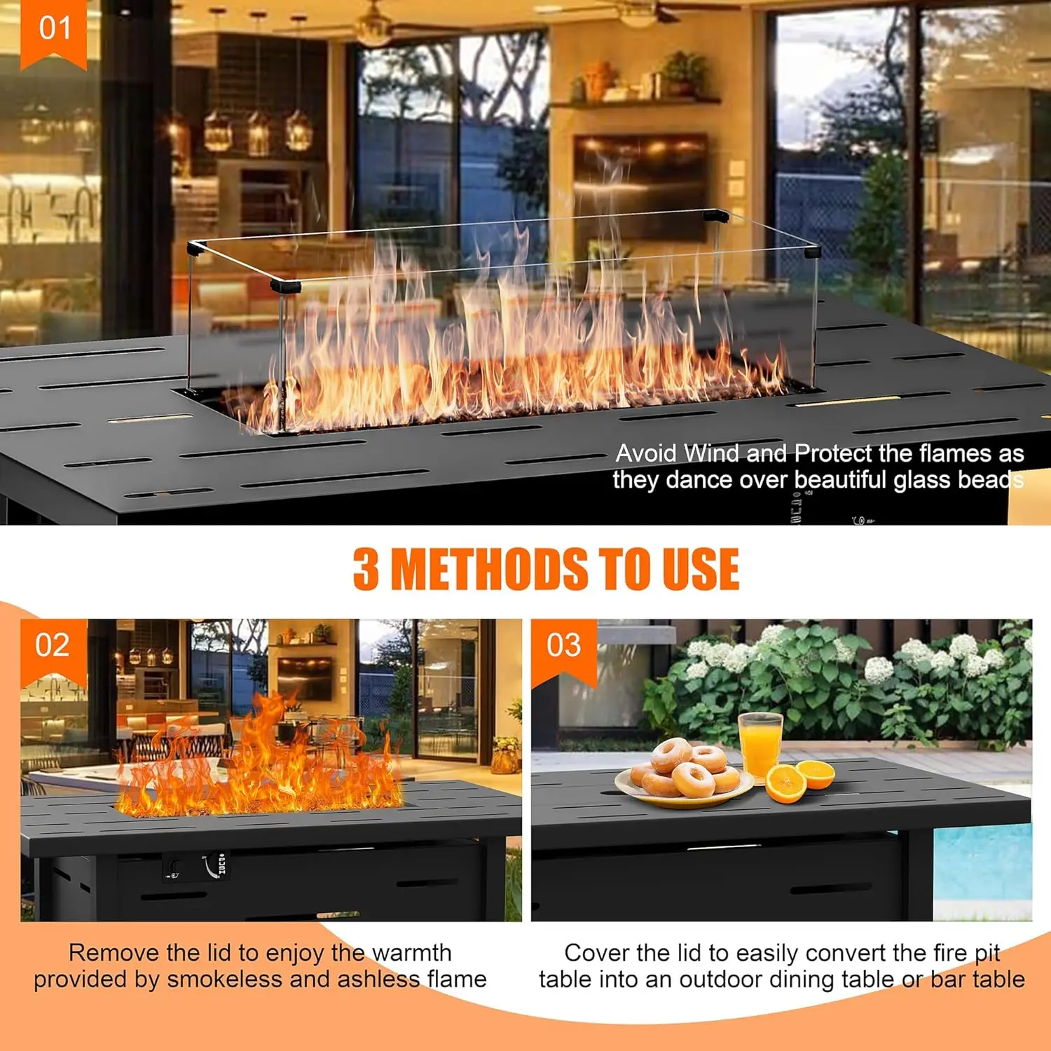 Imagem -03 - Walsunny-outdoor Propano Fire Pit Tabela com Tampa Gás Fire Pit Vidro Wind Guard Tampa Impermeável 50.000 Btu 43