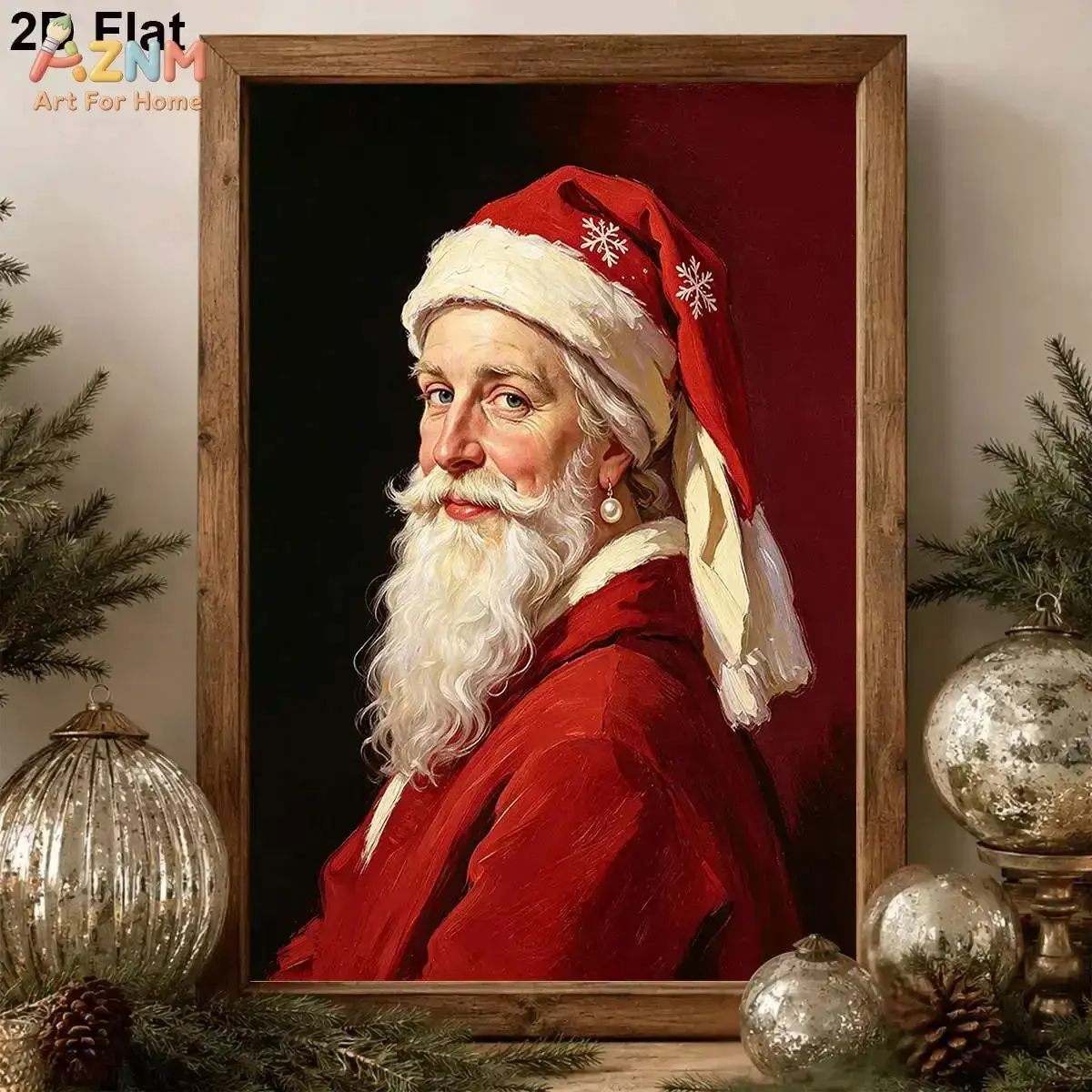 AZNM Elegant Santa Claus Portrait Canvas Print, Vintage Christmas Santa with Earring Oil Painting Unframed Canvas Painting, Xmas