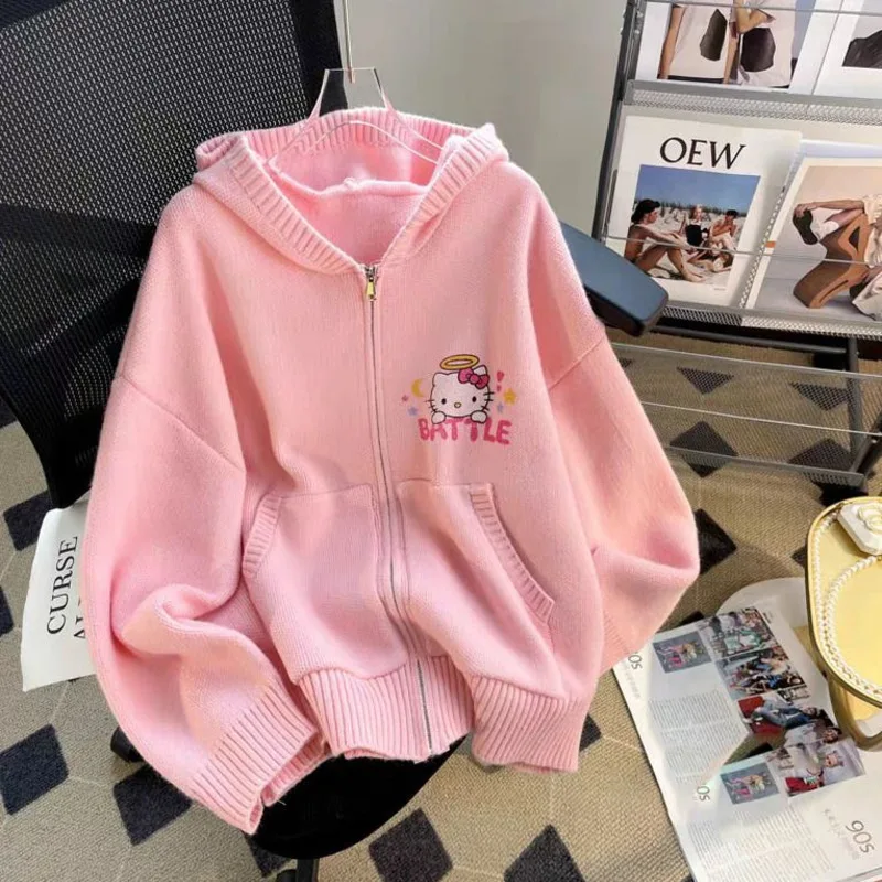 Hello Kitty Women Knitted Hooded Sweater Cardigan Autumn New Loose Fashion Soft Sweater Japanese Style Slimming Knitted Jacket