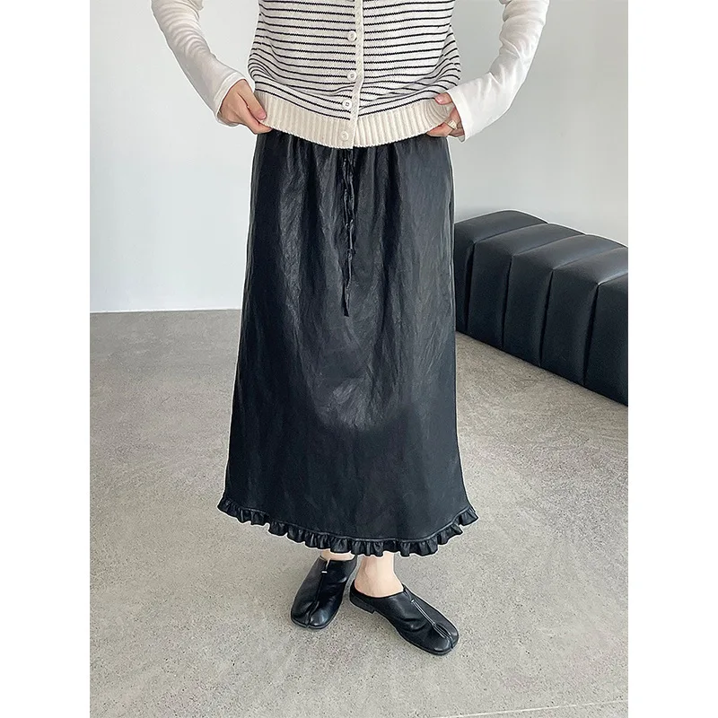 

25 Autumn Elastic Waist Hem Ruffled PU Midi Women Fashion Slim A-line Long Skirt