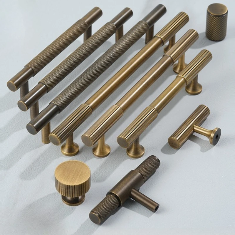 Solid Cabinet Pulls Antique Brass Diamond-cut Cross Knurl Pattern Bronze Wardrobe Cabinet Handles T-bar Knobs Pitch Long Pull