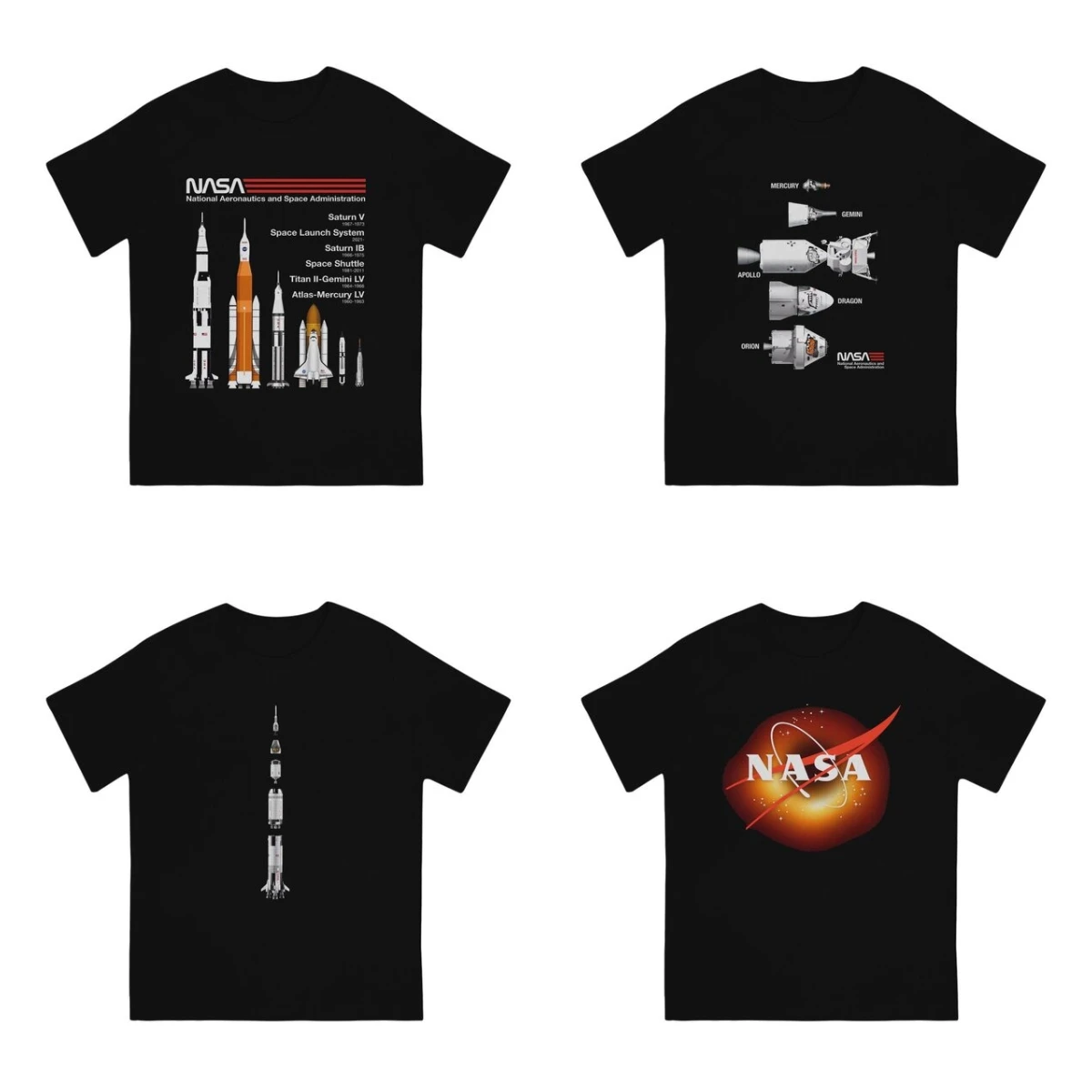 Men Rocket NASA Rockets - Saturn V, SLS, Saturn IB, Space Shuttle, Titan, Atlas Line Up Graphic Printing graphic t shirts