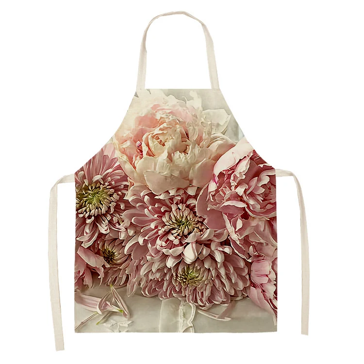 Kitchen Pink Rose Flower Pattern Sleeveless Apron Linen Bib Home Female Cleaning Cooking