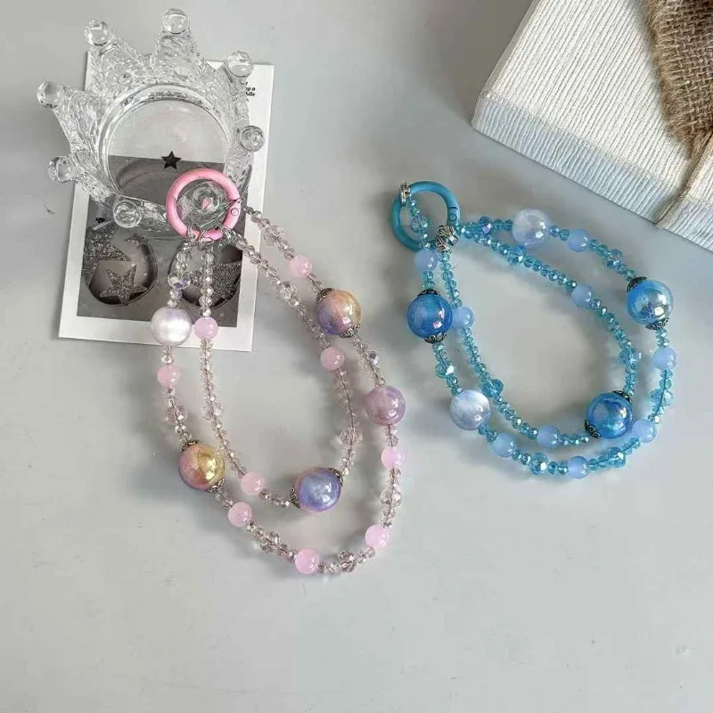 Креативная новая двойная цепочка с кристаллами и бисером, кулон на запястье, подвеска для мобильного телефона, сумка, брелок, подвеска, аксессуары