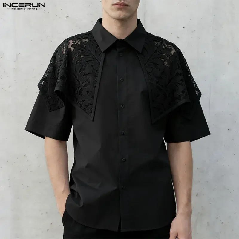 

INCERUN Men's Shirt Lace Patchwork See Through Lapel Short Sleeve Men Clothes Summer Streetwear Loose Sexy Shirts For Man Tops