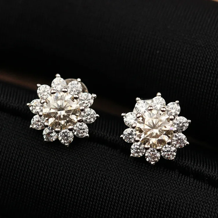 Luxury Flower Yellow Moissanite Earings Inlay Moissanite Gems 14K Gold Moissanite Diamond Earings Jewelry