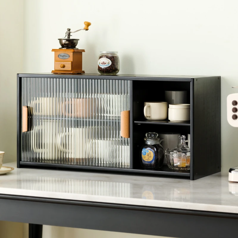 

Dustproof Kitchen Cabinet Bamboo Tea Set Storage with Glass Slide Rail Cup Holder for Neat and Organized Kitchen