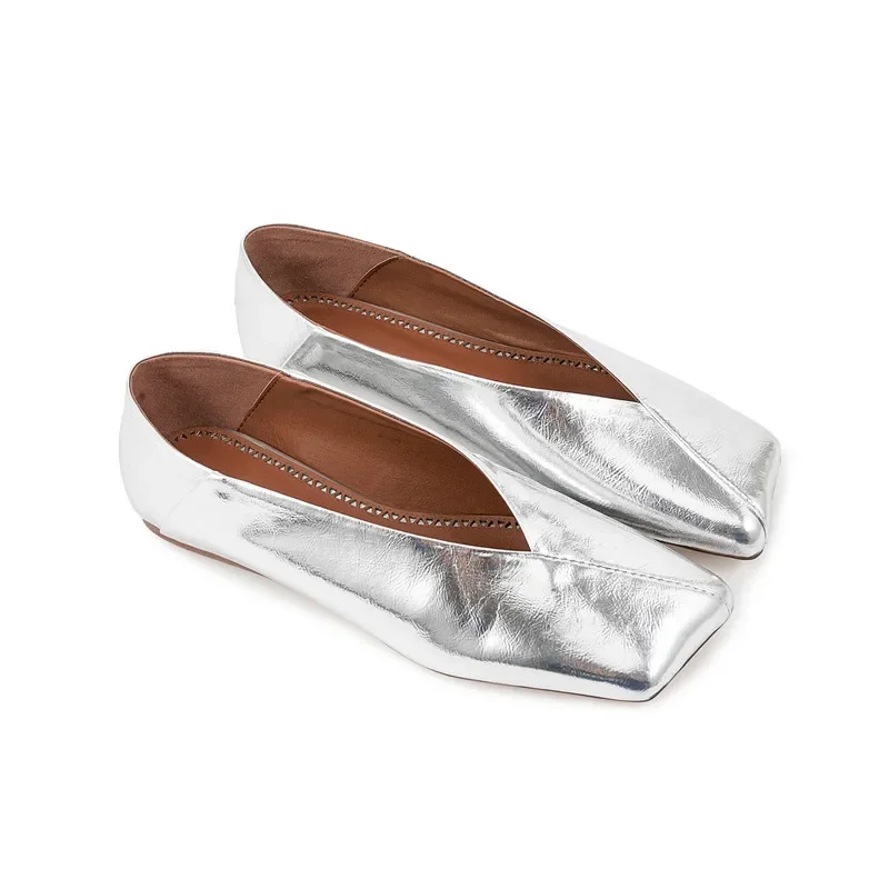 2024 New Square Head Ballet Flat Women\'s Shoes Fashion Spring/Summer Silver Women\'s 45 Large Comfortable Single Shoes