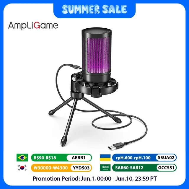 AmpliGame by FIFINE RGB mikrofon do gier USB z wyciszeniem świecącym dotykowym, mikrofon pojemnościowy ze statywem do komputera PC, PS4/5, przesyłanie strumieniowe laptopa-A2