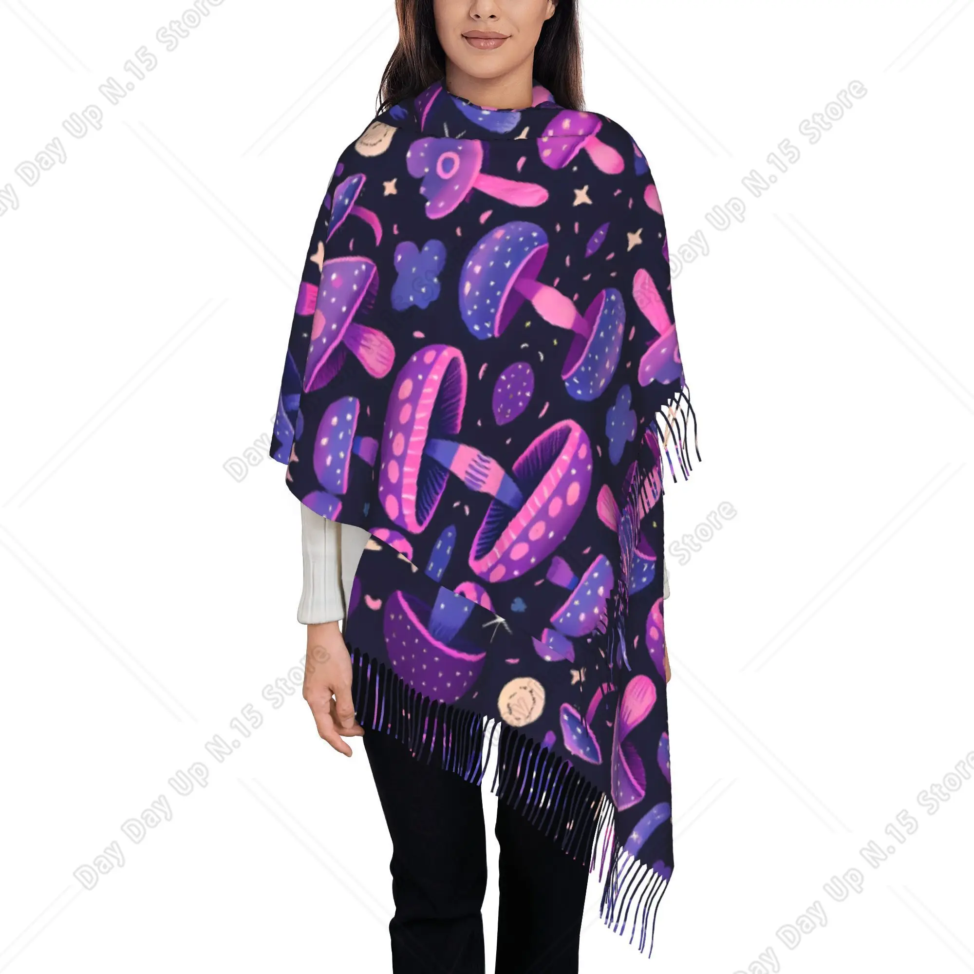 Galaxy Moon Star Mushroom Tassel Scarf, Unique Fantasy Fashion Warm Accessory