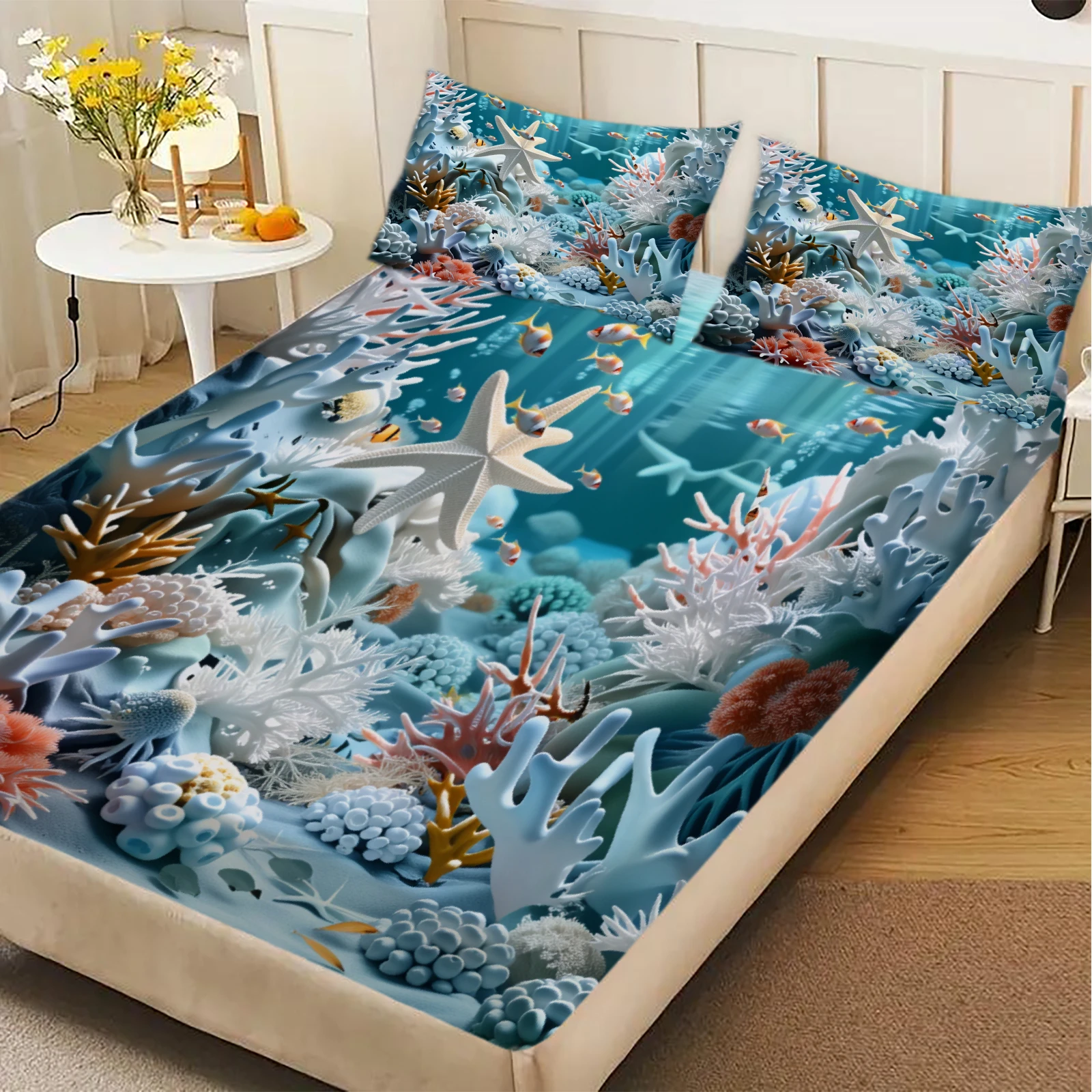 Ocean Coral Reef Fitted Sheet Set Blue Sea Life Print Bedding With Pillowcases For Bedroom