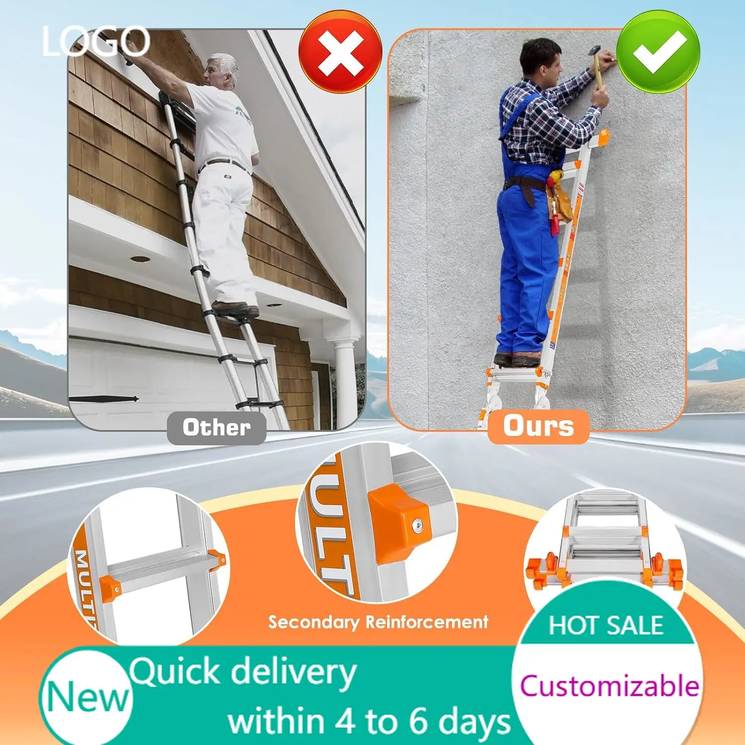 A Frame Ladder, 14FT Multi Position Ladder with Stabilizer Bar & Wheels,330 lbs Security Load for Stairs Home Indoor