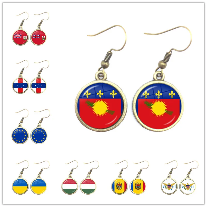 Antillas, Unión Europea, Ucrania, Hungría, Moldavia, bandera nacional de las Islas Vírgenes de los Estados Unidos, cabujón de vidrio, pendientes de gota, joyería