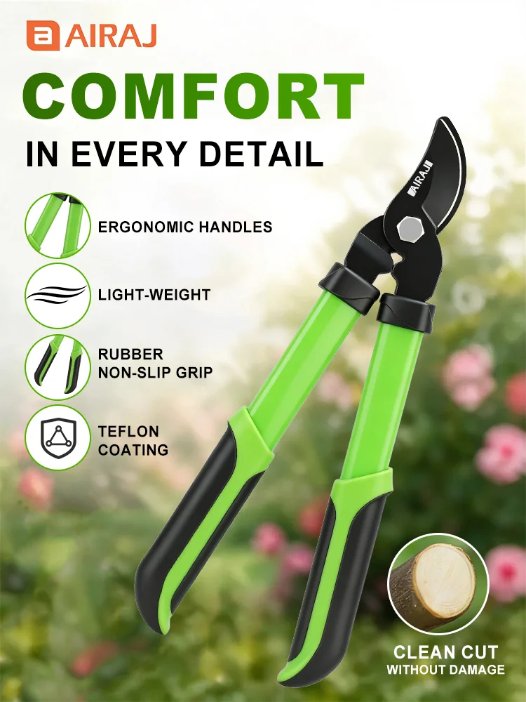 AIRAJ 2Pcs Long&Short Pruning Shears, SK5 Teflon Coated Garden Shears, Max 2cm Cut, Rust‑proof Anti‑slip Gardening Tool