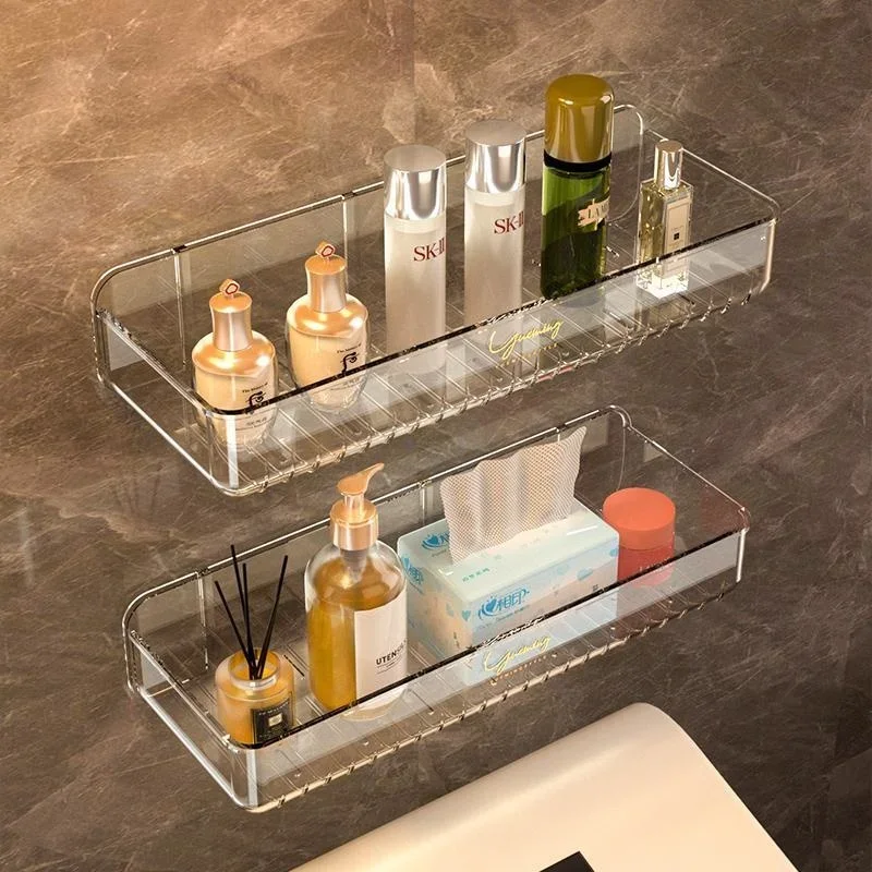 Bathroom White Shelf Rack Wall-mounted Washbasin No-punch Washroom Wall Mounted Cosmetic Storage Transparent Shelf Organiser