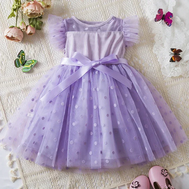 2-6 Year Girls Dresses Flying Sleeve Polka Dotted Purple Princess Skirt Baby Birthday Party Clothes Children Summer Causal Dress