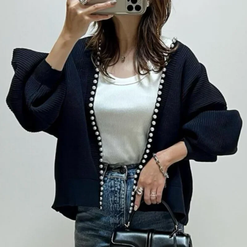 V Neck Long Sleeve Cardigan Femme Chic Exquisite Pearl Patchwork Sweaters Spring Winter Clothes Women Japanese Elegant Coats