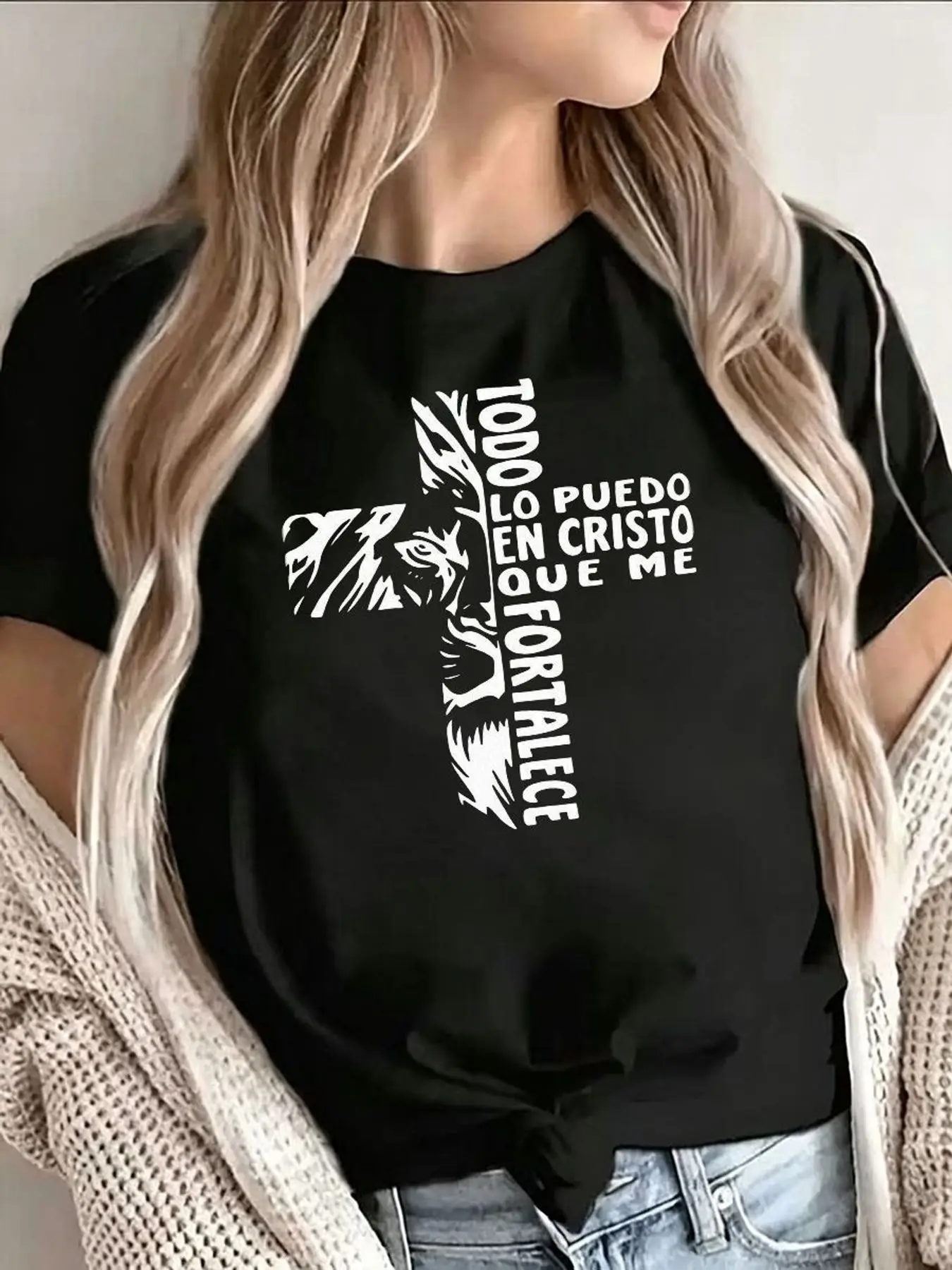 Christian Cross Todo Lo Puedo En Cristo Graphic T Shirt Women Fashion Stretchy Casual Plus Size Short Sleeve Soft Tee Clothes