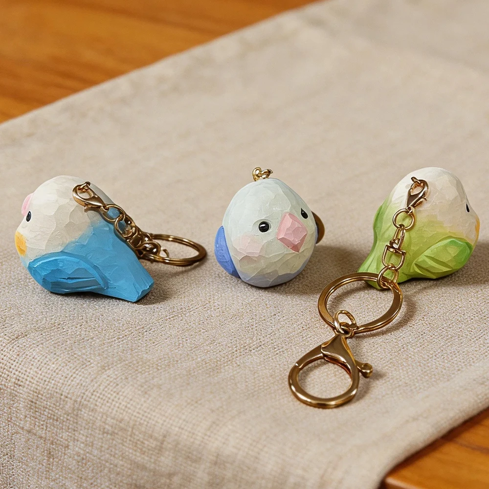 Hand Carved Lovebird Keychain Cute Parrot Blue Purple Green Bird Keyring Wooden Pendant Bag Charm Gift Birthday