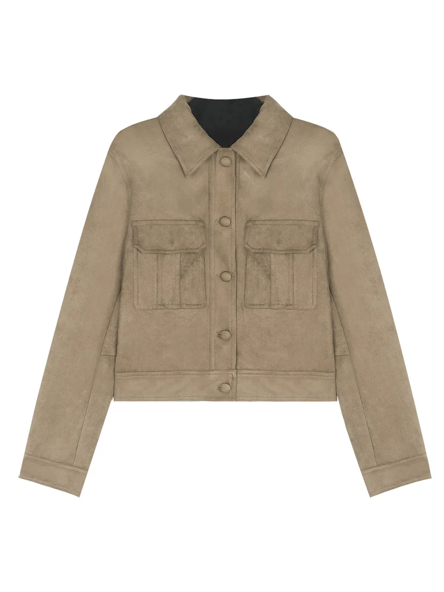 

London Vintage Suede Jacket Women's Khaki Short Workwear Style Versatile Top Casual Commute Fashion Chinese Production