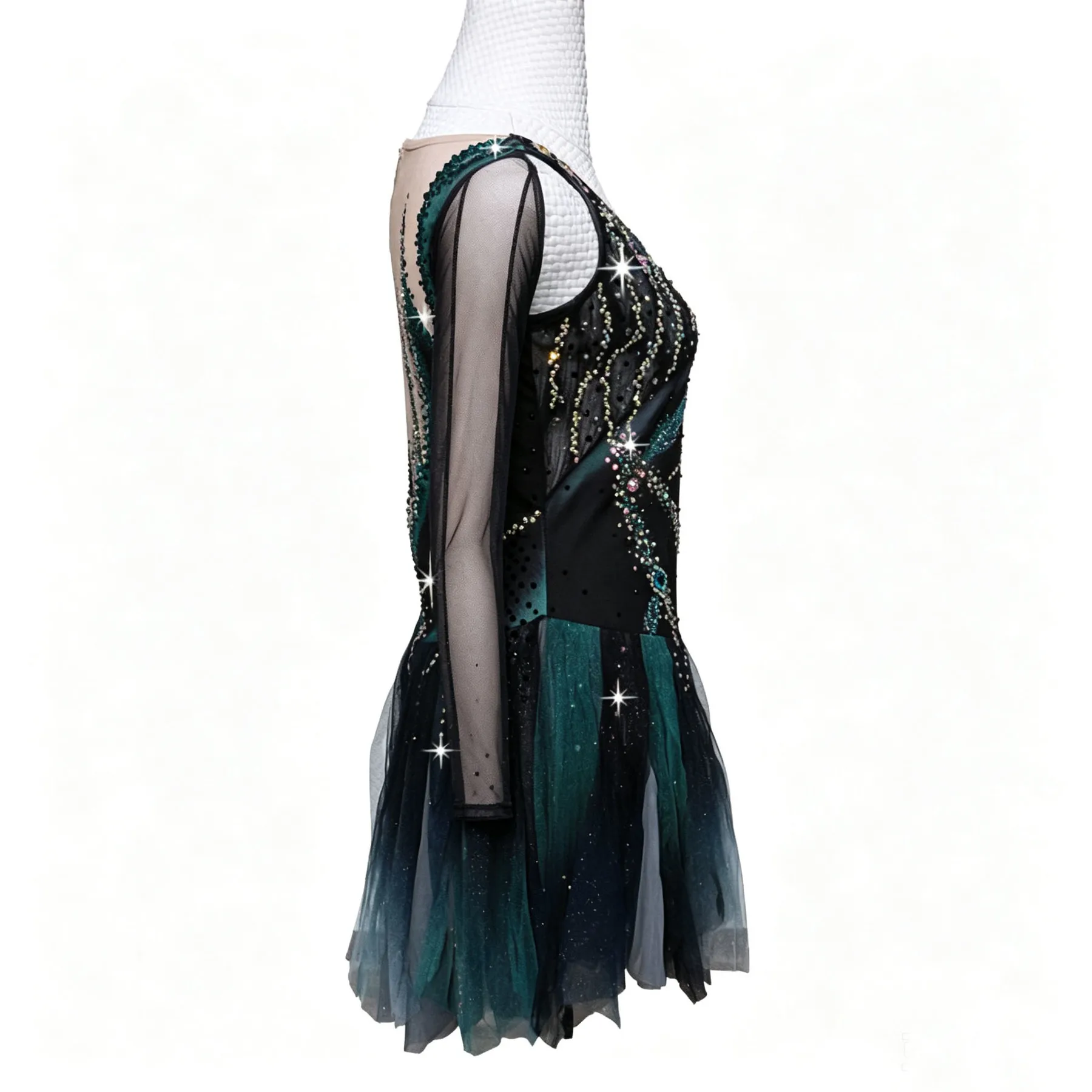 Sleeveless Gradient Green Black Figure Skating Dress Sparkly Rhinestone Crystals Irregular Tulle Tutu Ice Skating Costume
