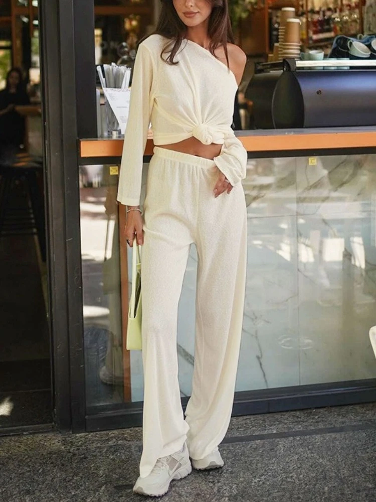 

Tossy Casual Solid Skew Collar 2 Piece-Set Leg Trousers Female See-Through Long Sleeves Coat And High Waist Women's Pants Sets