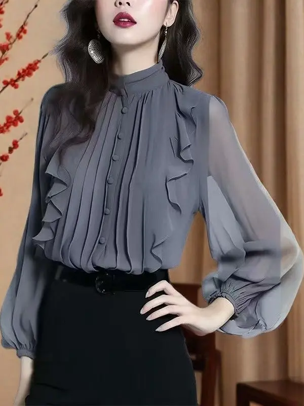 

Women's Long Sleeve Shirt with Lace Hemline Spring Autumn High Fashion Sensation Stand Collar Shangyi New Arrival