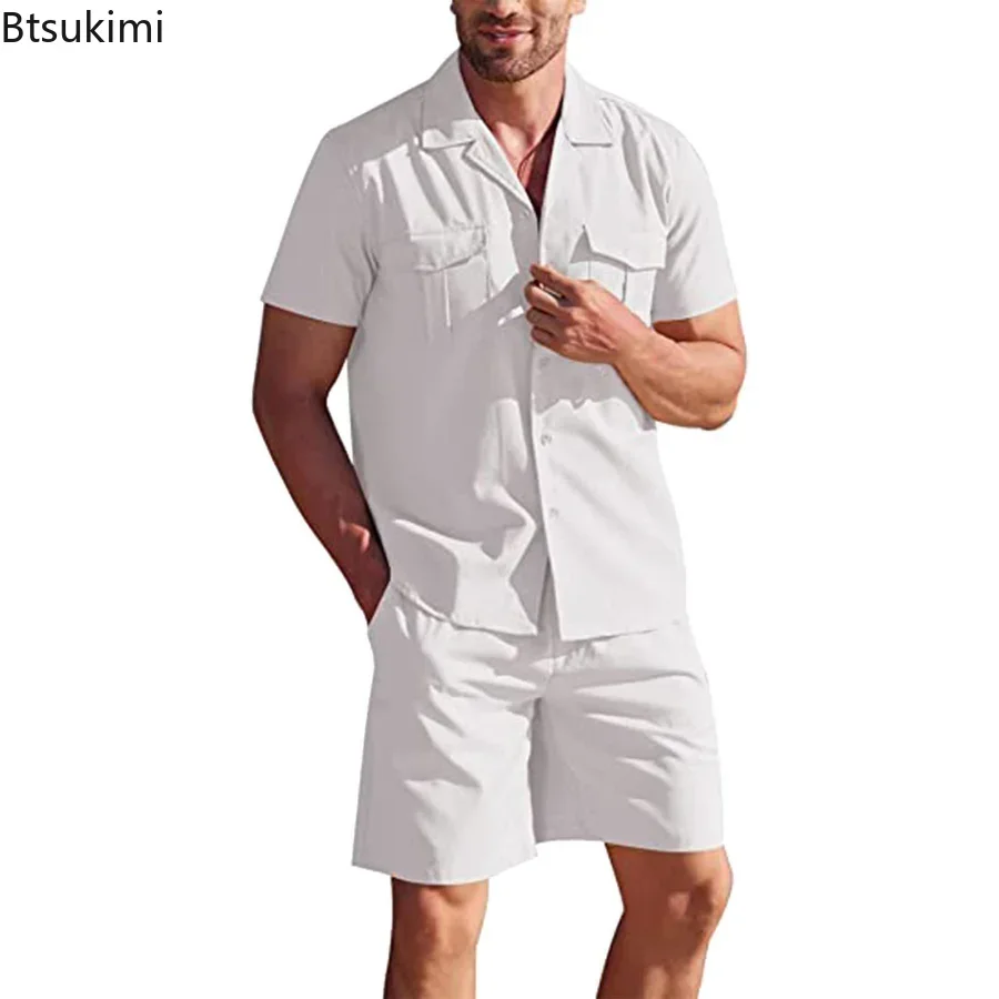 New 2024 Men's Summer Casual Cotton Line 2pcs Sets Solid Short Sleeve Cardigan Shirts and Shorts Male Loose Soft Tracksuit Men