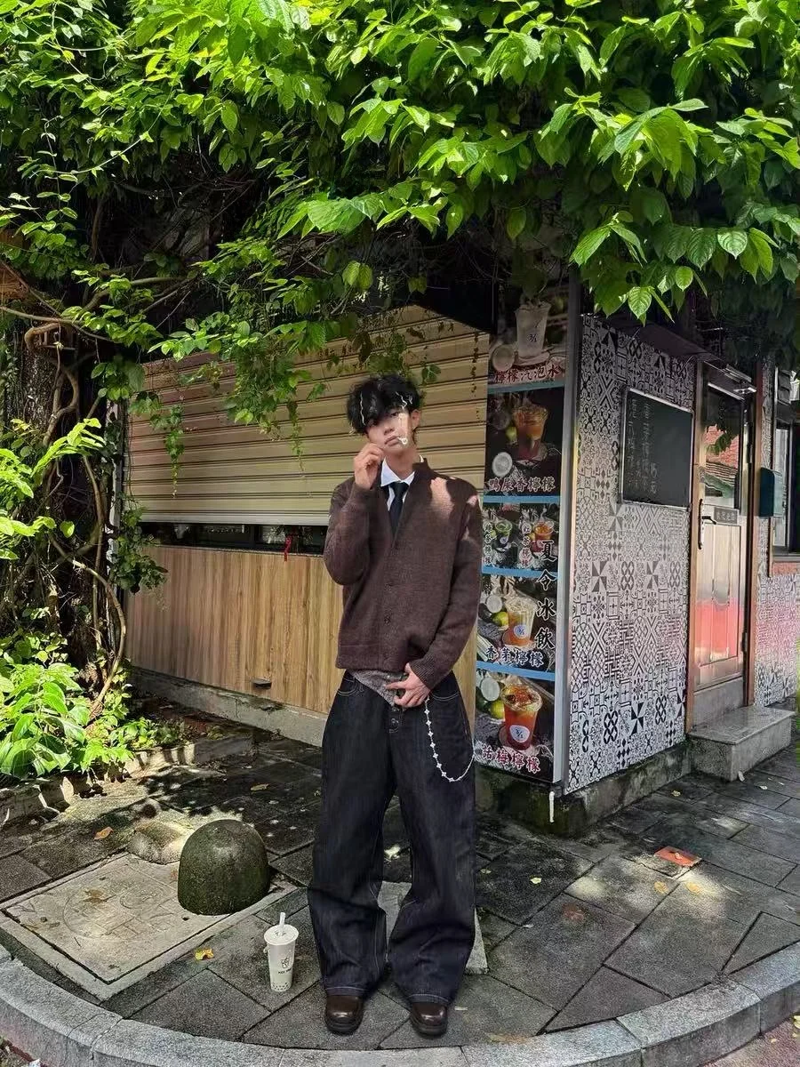 

American Retro Button-Up Knitted Cardigan Men's Autumn Winter Casual Versatile Outerwear f High Collar Long Sve Sweater