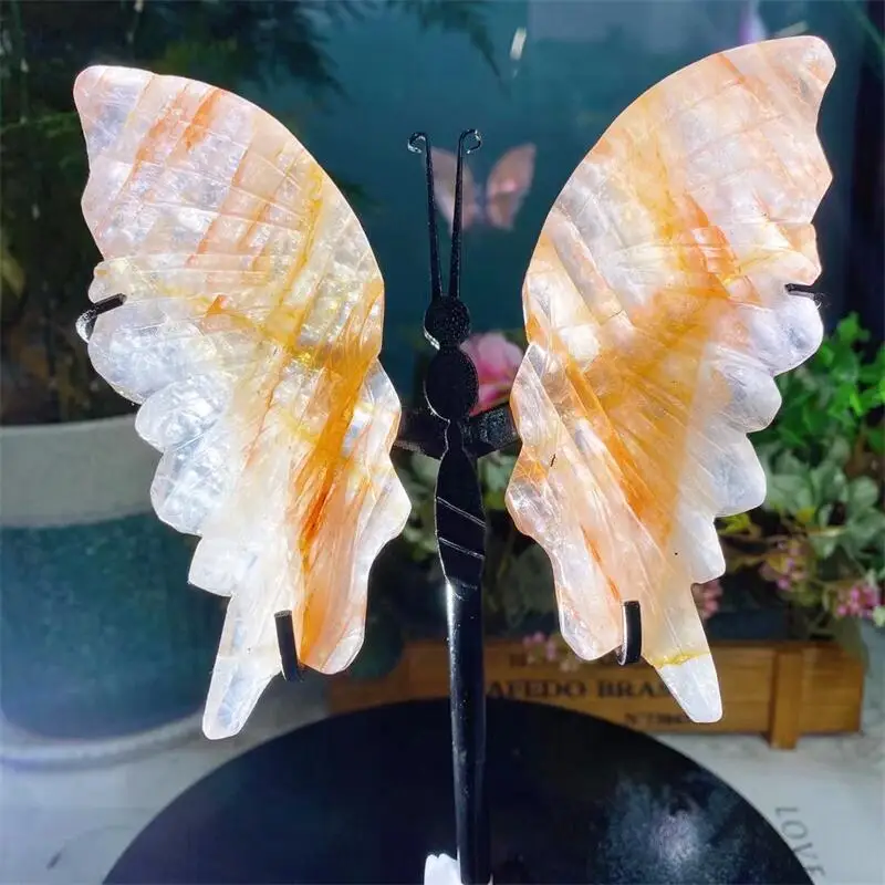 

Natural Red Fire Quartz Hematoid Butterfly Wings Crystal Carving Quartz Healing Crafts Gift Room Decor Home Decoration 1pair