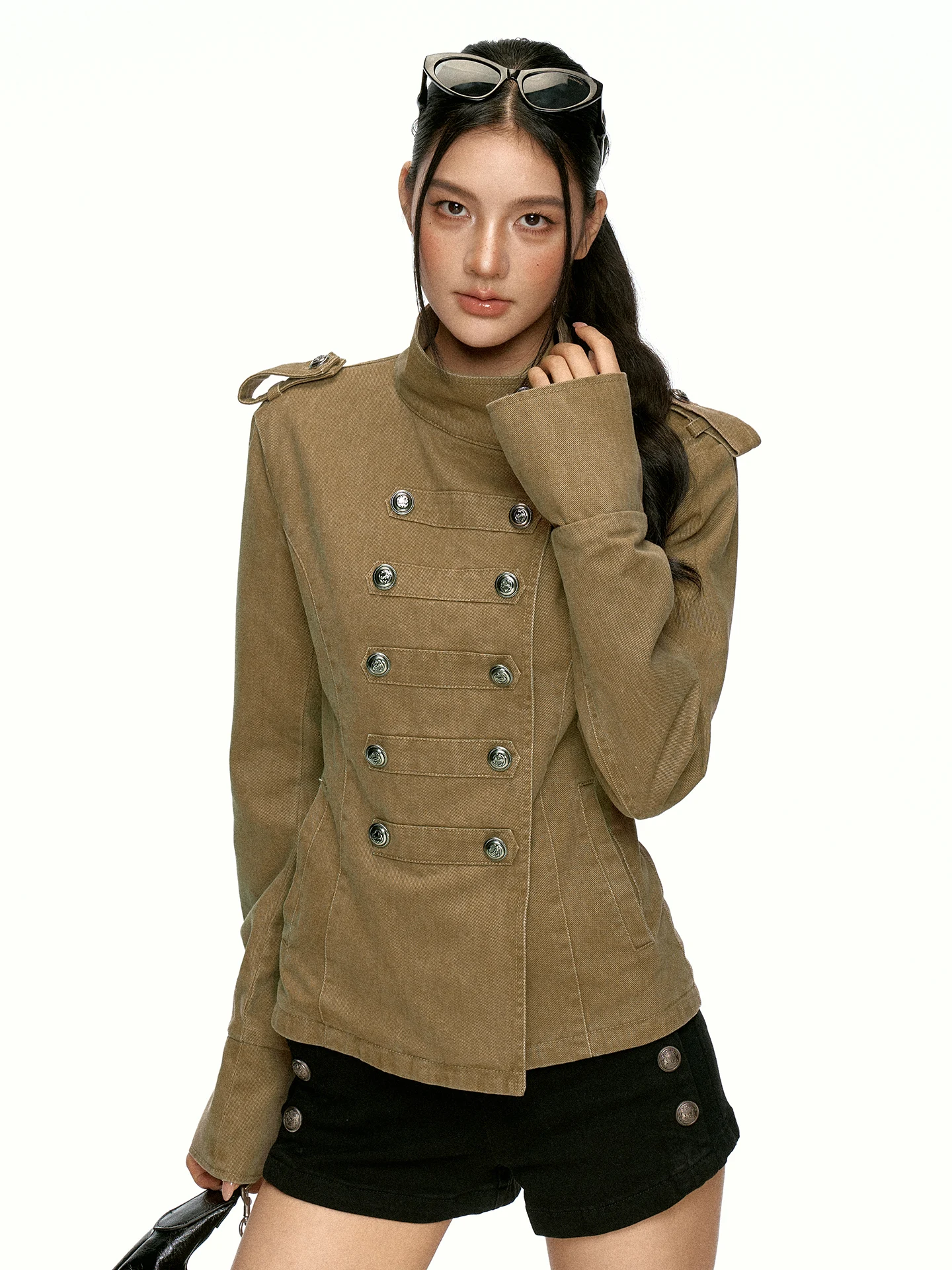 Aaisup American Retro Brown Stand Collar Jacket Women's Autumn Court Style Napoleon Washed out Jacket Top Loose Fit Short Coat