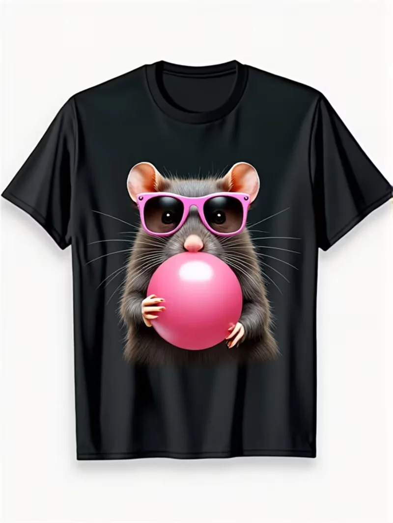 Cool Opossum Bubble Gum Print T-shirt Funny Sunglasses Graphic Short Sleeve Tops Men Women Casual Streetwear Daily Wear Tee