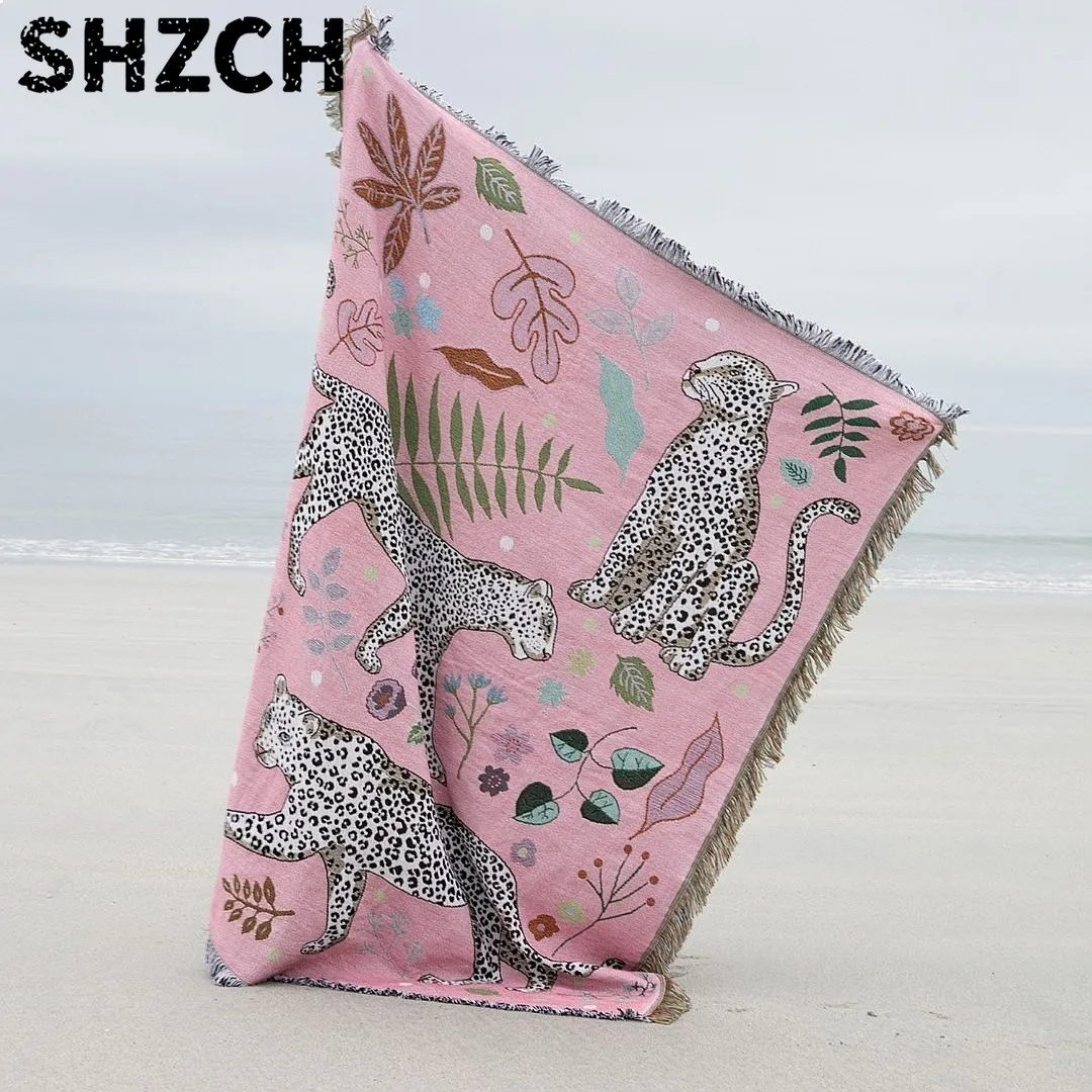 Snow Leopard Cheetah Pink Sofa Blanket Cotton Polyester Blend Quilt Nap Cover Travel Beach Towel