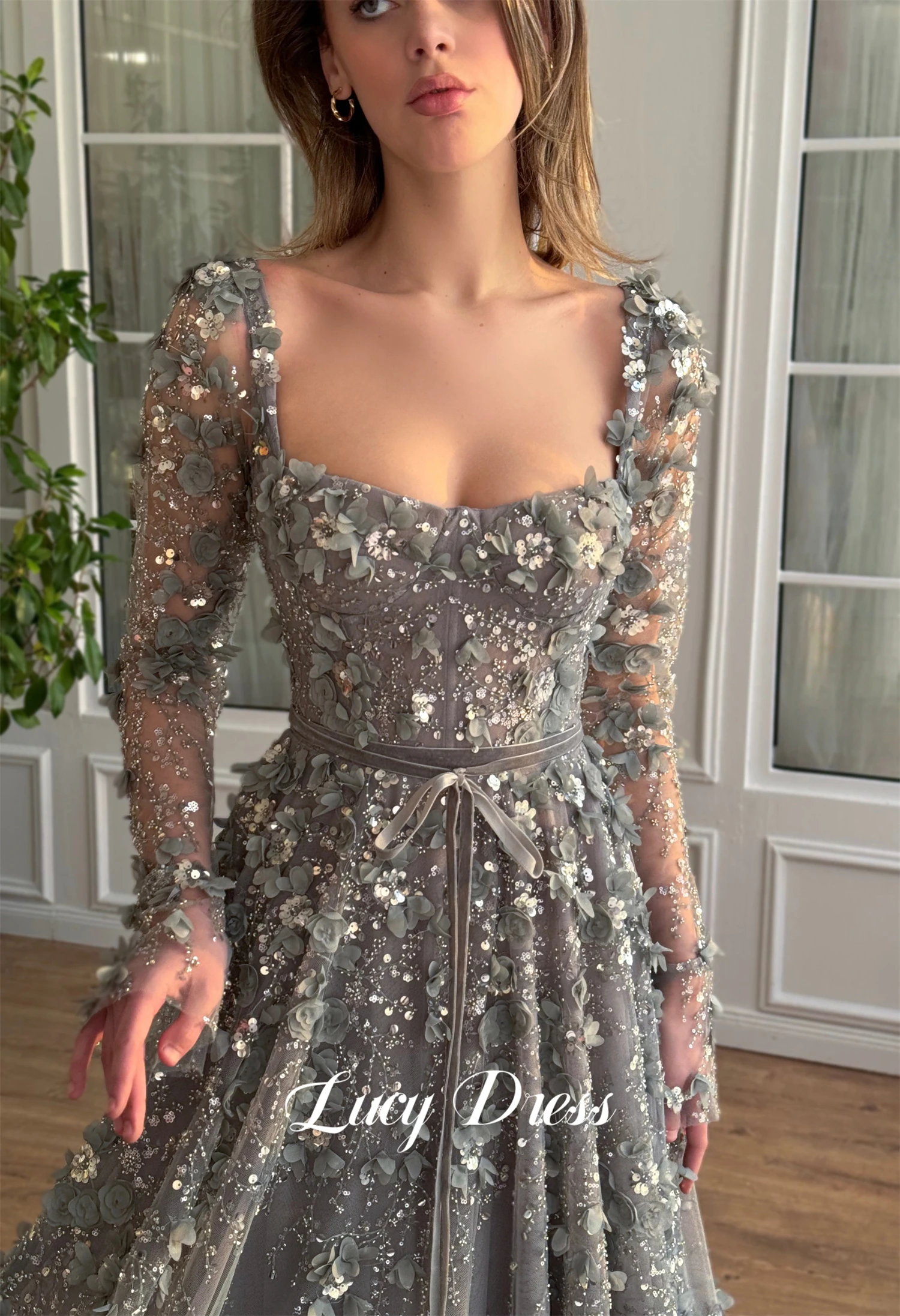 Lucy Grey Floral Fabric Wedding Dress Long Sleeves Evening Prom Dresses 2024 Women Robe De Soiree Femmes Ball Gowns Customized