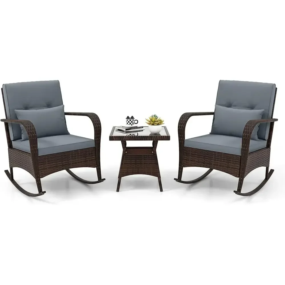 Grey 3-Piece Outdoor Wicker Rocking Chair Set with Cushions and Glass Coffee Table for Patio, Balcony, Porch, or Poolside
