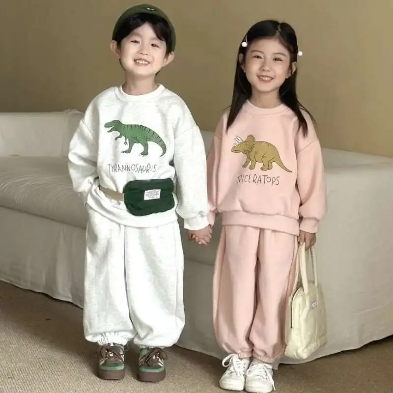 

Новые осенние комплекты детской одежды унисекс, детская одежда, толстовка с принтом динозавра из мультфильма и штаны, спортивный костюм из 2 предметов для мальчиков и девочек