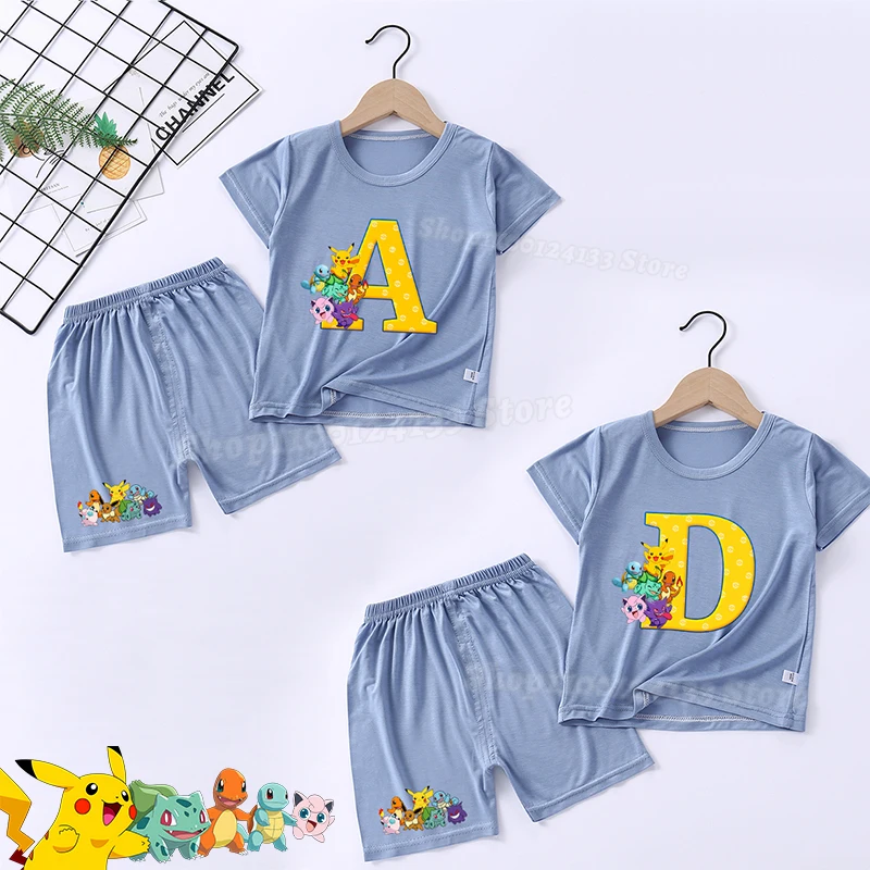

Pokemons Boys Girl Baby Pajamas Set Cute Anime Letters A-Z Printed Sleepwear Kids Thin Summer Short Sleeve Kawaii T-shirt Shorts