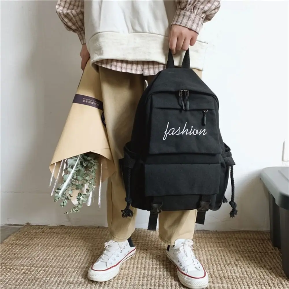 New Canvas Schoolbag Wear-resistant Large Capacity Backpack Solid Color Lightweight Shoulder Bag