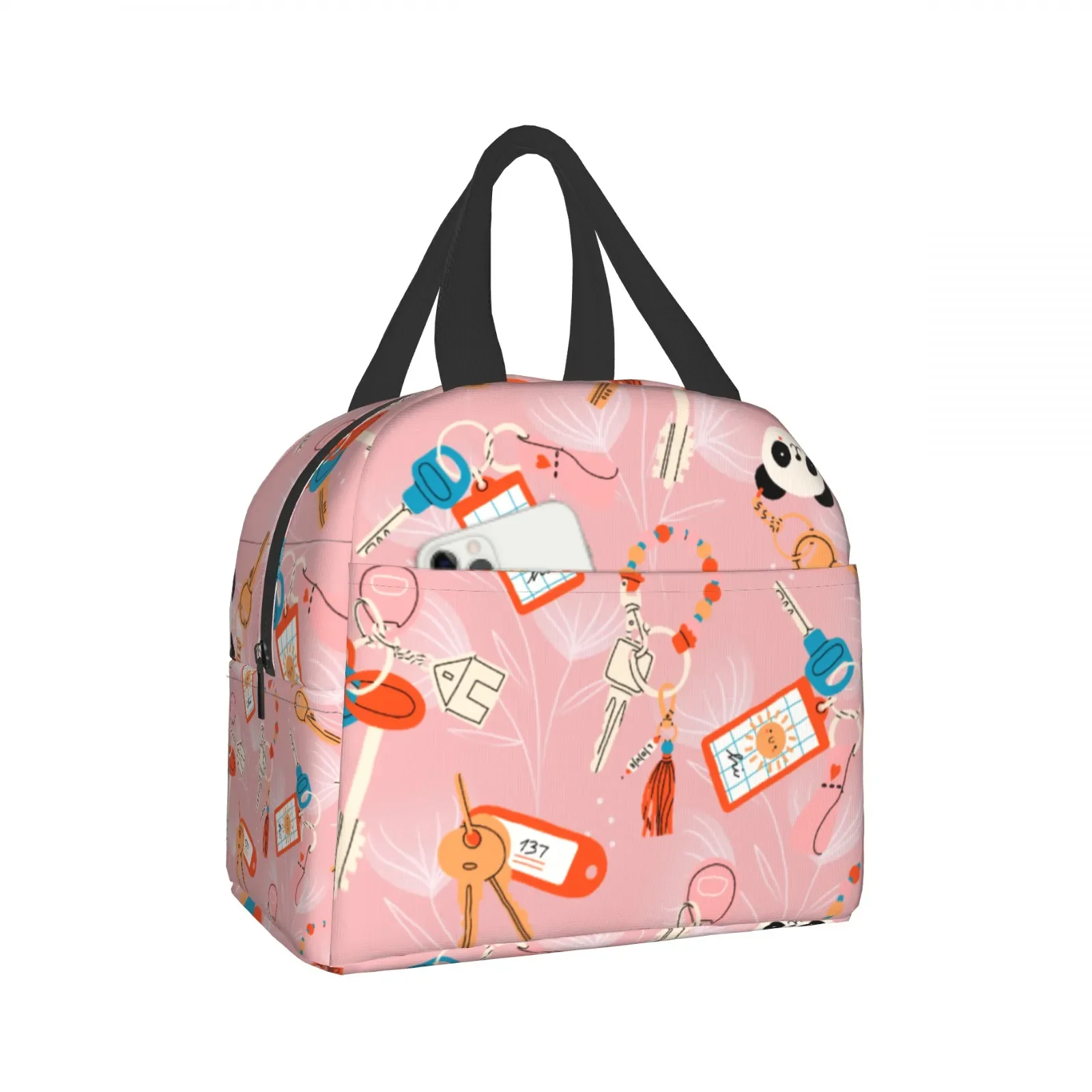 Pink Lunch Bag with Keys, Panda & Tags Pattern, Cute Creative Design, Front Phone Pocket, Ideal for Daily Use, Thermal Tote