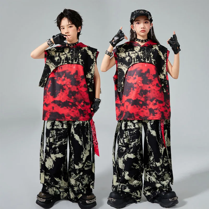 Girls K-pop Cool Graffiti Hooded Vest Street Dance Cargo Pants Boys Hip Hop Top Costume Kids Teens Streetwear Child Clothes Sets